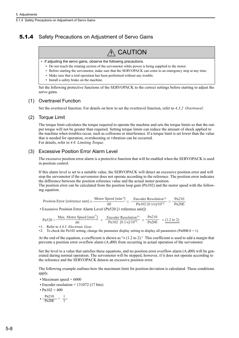 4 safety precautions on adjustment of servo gains, Caution, 1) overtravel function | 2) torque limit, 3) excessive position error alarm level | Yaskawa Σ-V Series AC Servo Drives Rotational Motor MECHATROLINK-III User Manual | Page 118 / 337