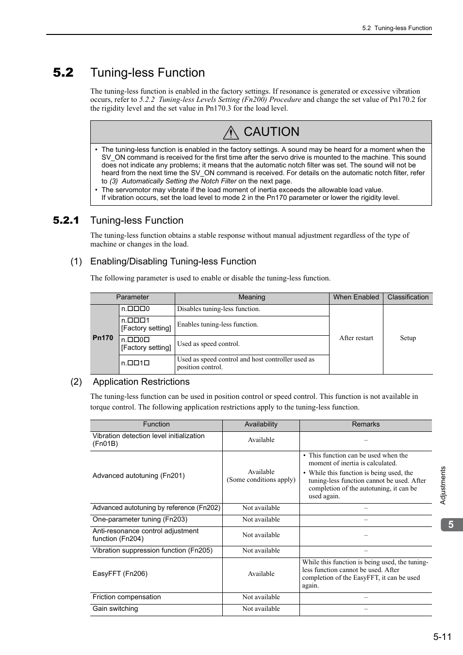2 tuning-less function, 1 tuning-less function, Caution | 1) enabling/disabling tuning-less function, 2) application restrictions | Yaskawa Σ-V Series AC Servo Drives Rotational Motor MECHATROLINK-III User Manual | Page 121 / 337