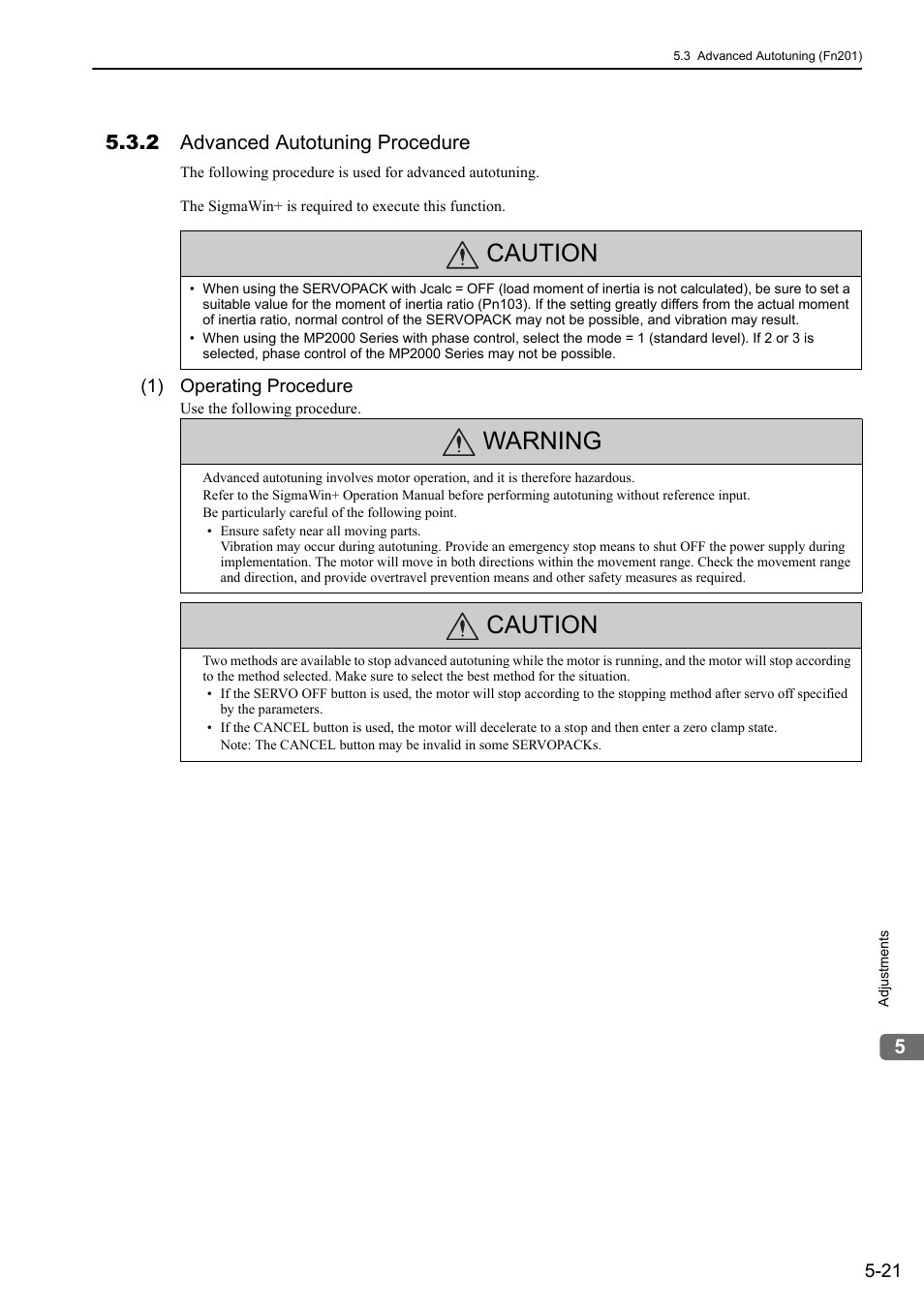 2 advanced autotuning procedure, Caution, Warning | Yaskawa Σ-V Series AC Servo Drives Rotational Motor MECHATROLINK-III User Manual | Page 131 / 337