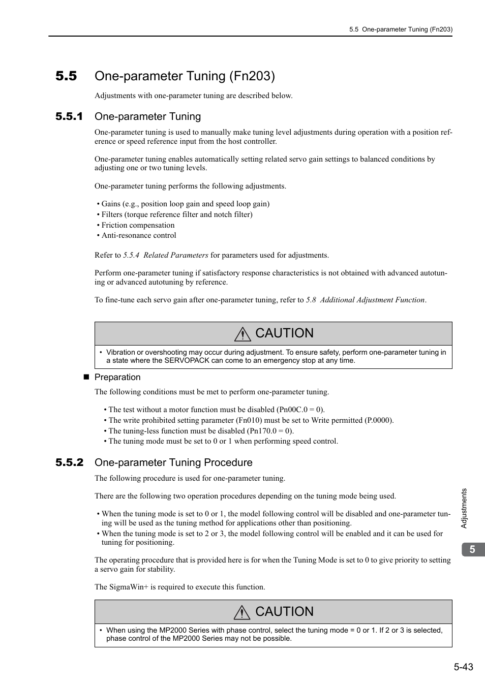 5 one-parameter tuning (fn203), 1 one-parameter tuning, 2 one-parameter tuning procedure | Caution | Yaskawa Σ-V Series AC Servo Drives Rotational Motor MECHATROLINK-III User Manual | Page 153 / 337