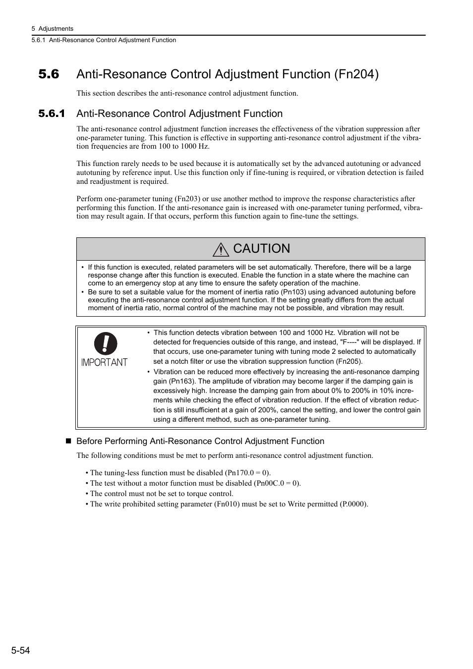 1 anti-resonance control adjustment function, Caution | Yaskawa Σ-V Series AC Servo Drives Rotational Motor MECHATROLINK-III User Manual | Page 164 / 337