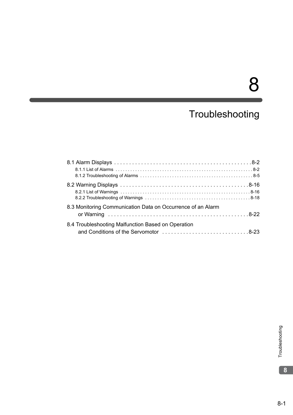 8 troubleshooting, Troubleshooting | Yaskawa Σ-V Series AC Servo Drives Rotational Motor MECHATROLINK-III User Manual | Page 256 / 337