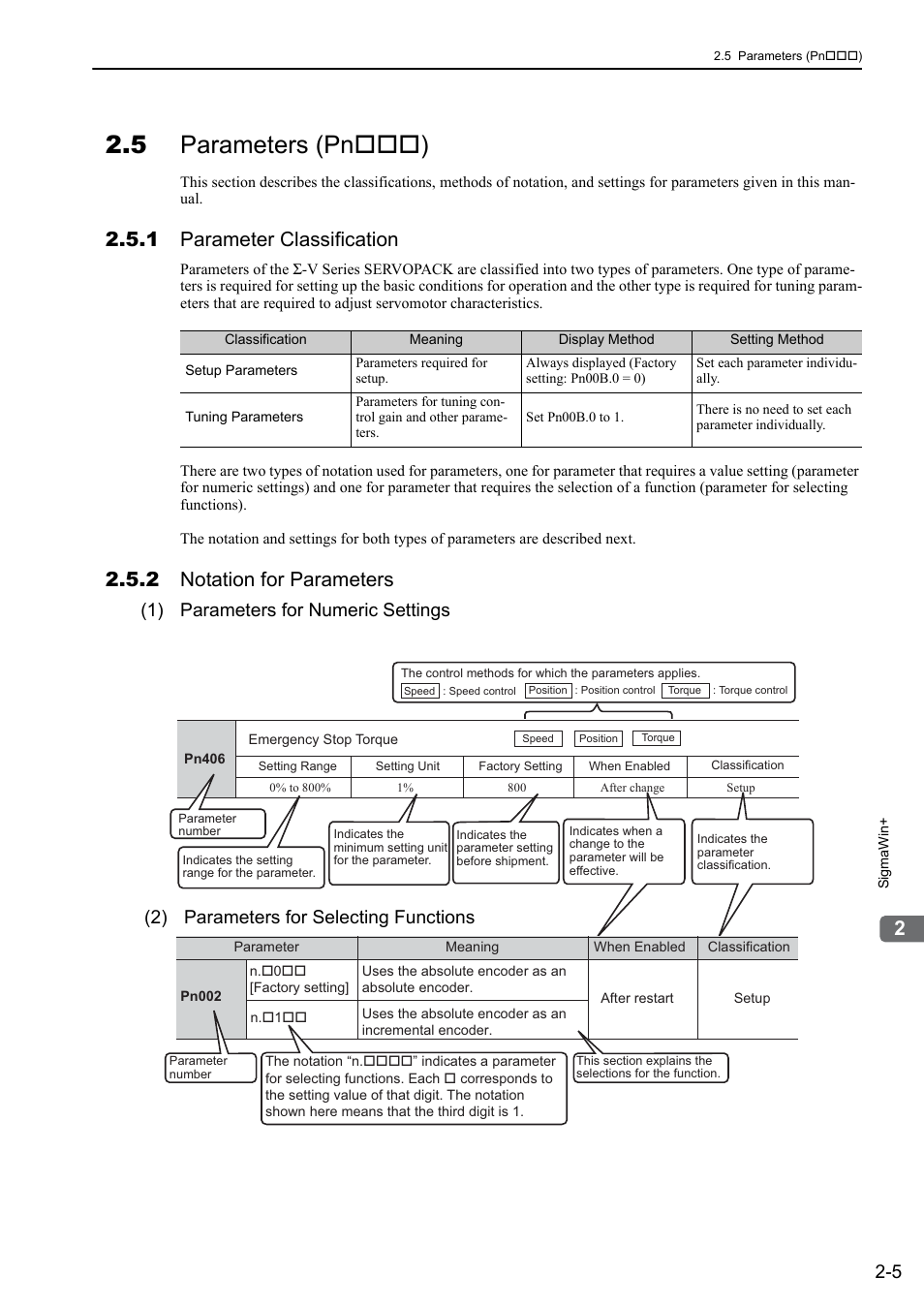 5 parameters (pn***), 1 parameter classification, 2 notation for parameters | 5 parameters (pn ), 1) parameters for numeric settings, 2) parameters for selecting functions | Yaskawa Σ-V Series AC Servo Drives Rotational Motor MECHATROLINK-III User Manual | Page 33 / 337