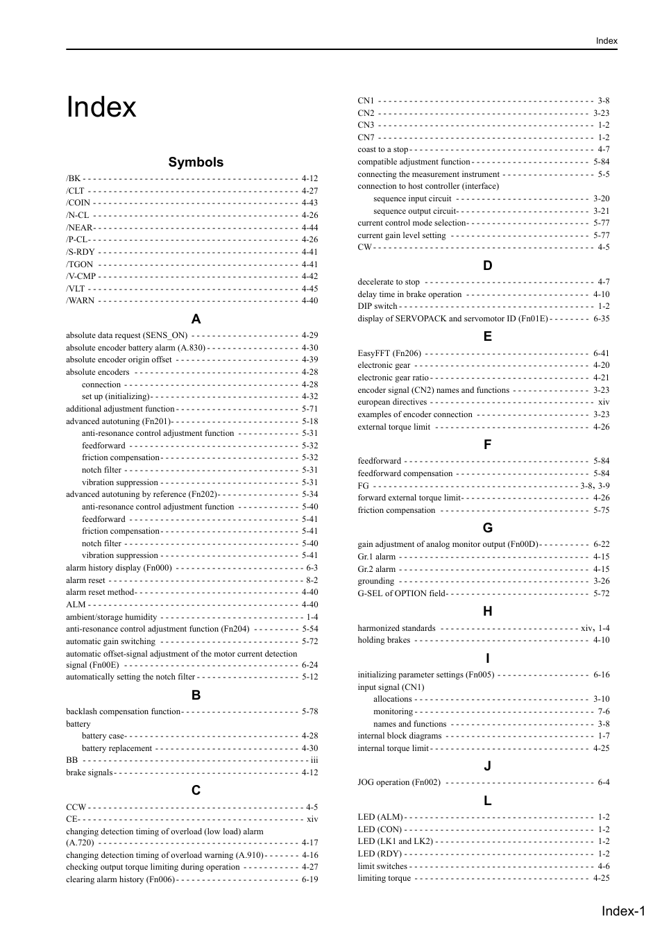 Index, Symbols, Index-1 | Yaskawa Σ-V Series AC Servo Drives Rotational Motor MECHATROLINK-III User Manual | Page 333 / 337
