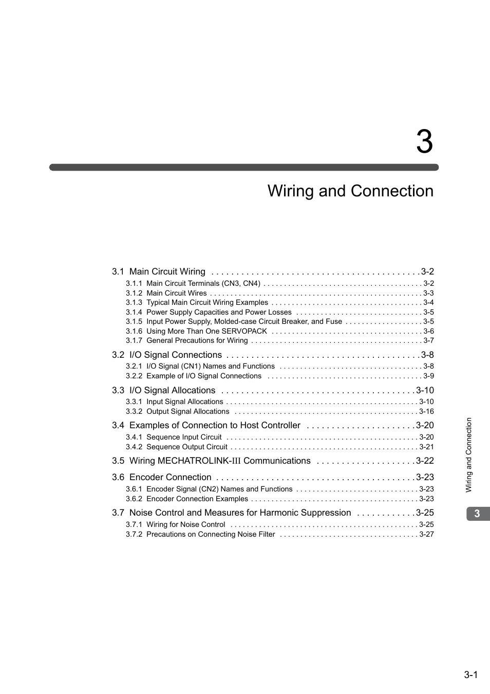 3 wiring and connection, Wiring and connection | Yaskawa Σ-V Series AC Servo Drives Rotational Motor MECHATROLINK-III User Manual | Page 38 / 337