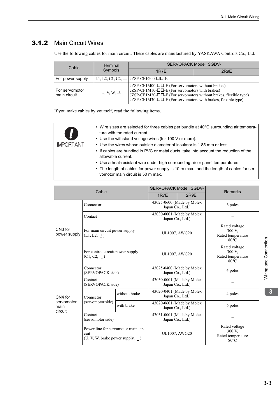 2 main circuit wires | Yaskawa Σ-V Series AC Servo Drives Rotational Motor MECHATROLINK-III User Manual | Page 40 / 337