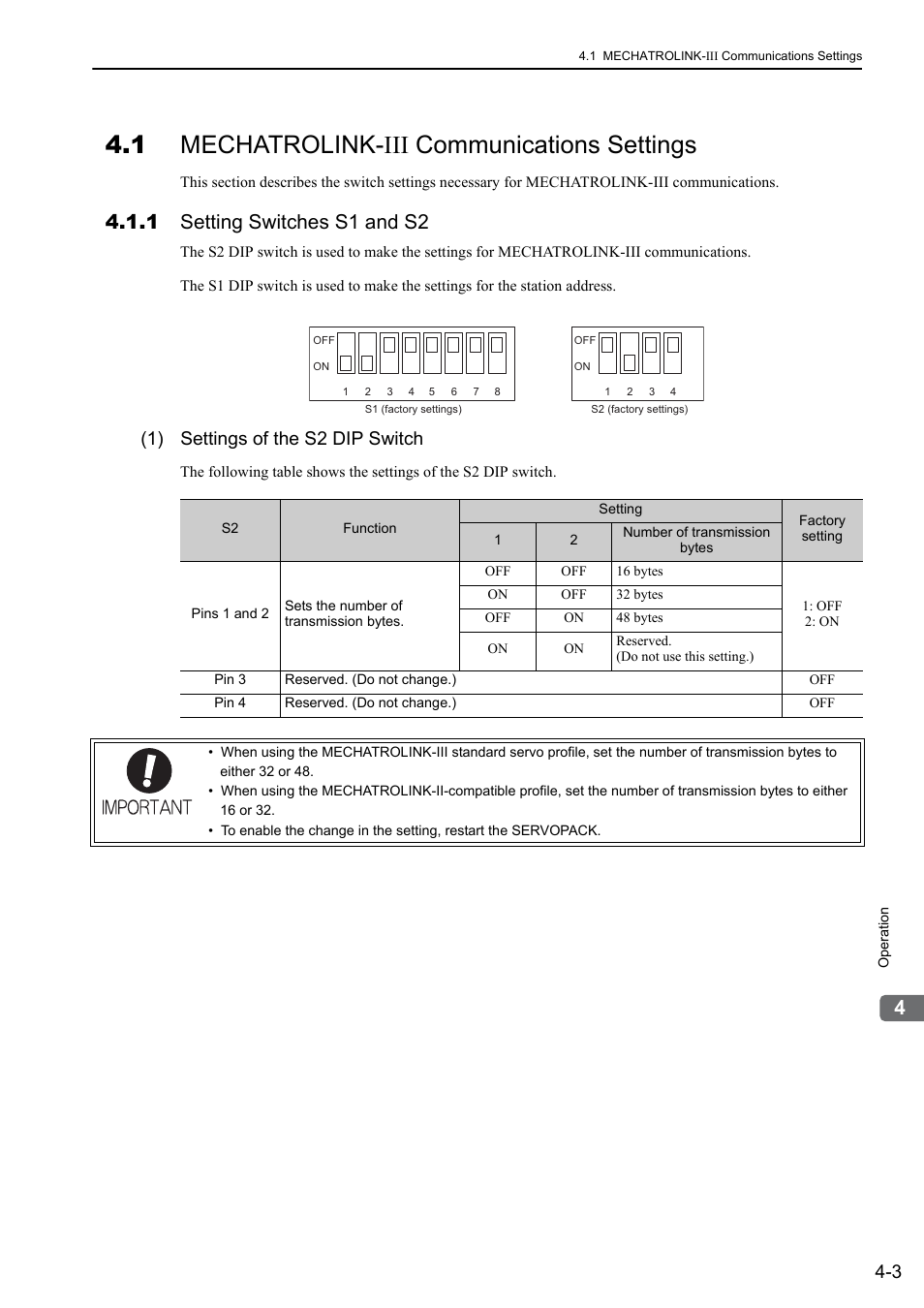1 mechatrolink-iii communications settings, 1 setting switches s1 and s2, 1 mechatrolink- iii communications settings | 1) settings of the s2 dip switch, M-iii | Yaskawa Σ-V Series AC Servo Drives Rotational Motor MECHATROLINK-III User Manual | Page 68 / 337