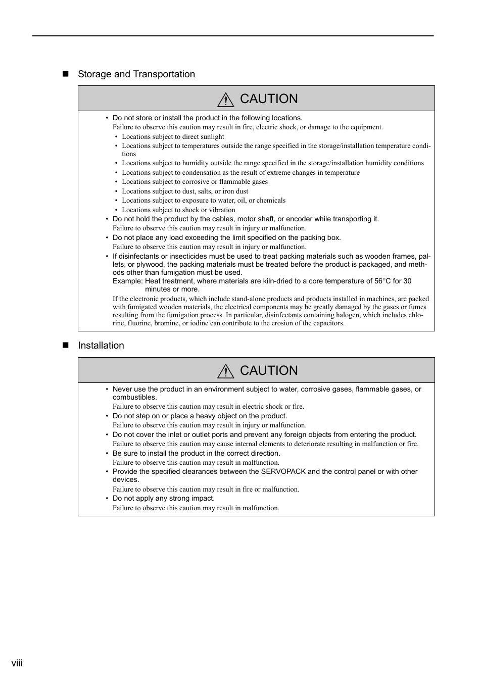 Caution, Viii storage and transportation installation | Yaskawa Σ-V Series AC Servo Drives Rotational Motor MECHATROLINK-III User Manual | Page 8 / 337