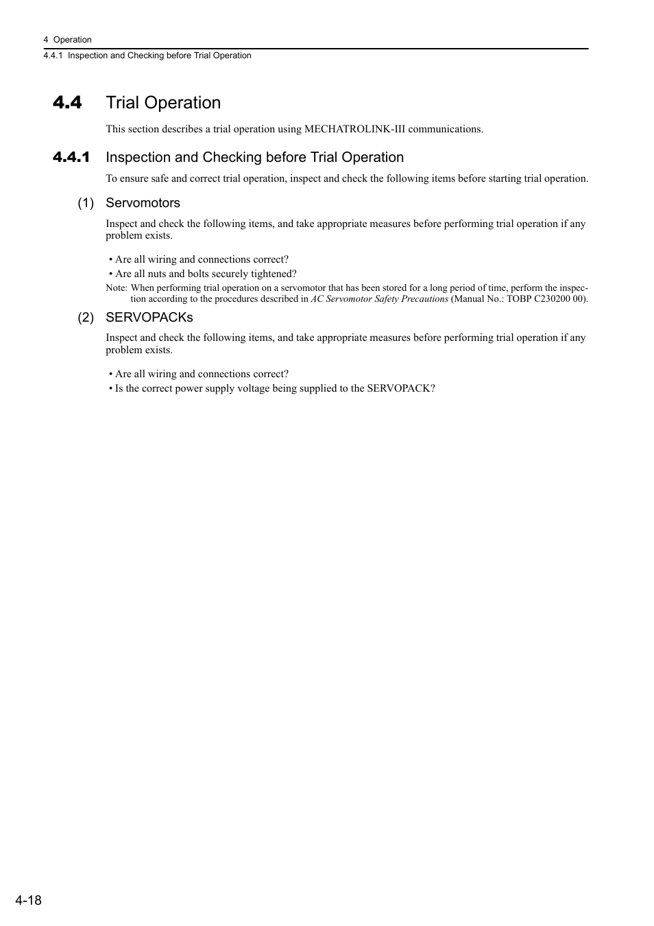 4 trial operation, 1 inspection and checking before trial operation | Yaskawa Σ-V Series AC Servo Drives Rotational Motor MECHATROLINK-III User Manual | Page 83 / 337