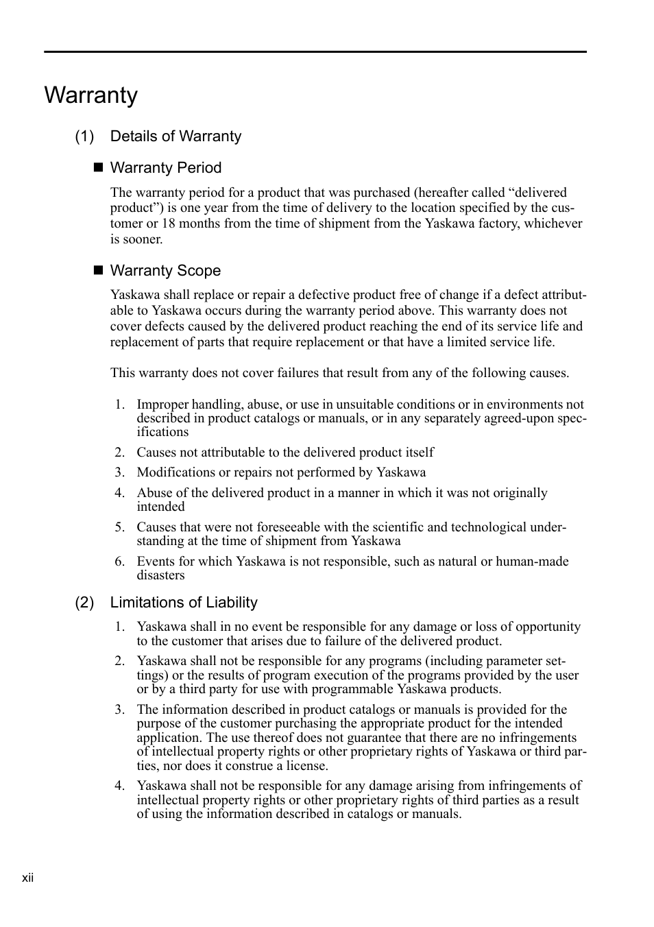 Warranty | Yaskawa AC Servo Drives DC Power Input Sigma-5 Series User Manual | Page 12 / 55