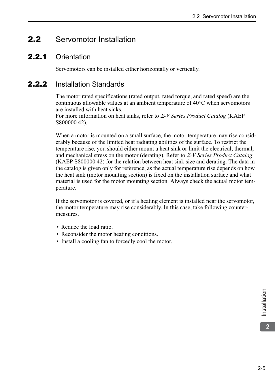 2 servomotor installation, 1 orientation, 2 installation standards | Yaskawa AC Servo Drives DC Power Input Sigma-5 Series User Manual | Page 22 / 55