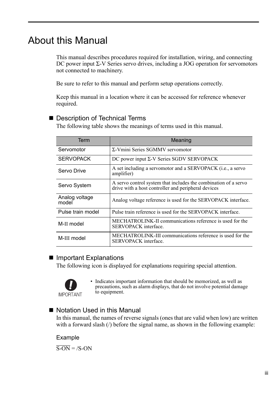 About this manual | Yaskawa AC Servo Drives DC Power Input Sigma-5 Series User Manual | Page 3 / 55