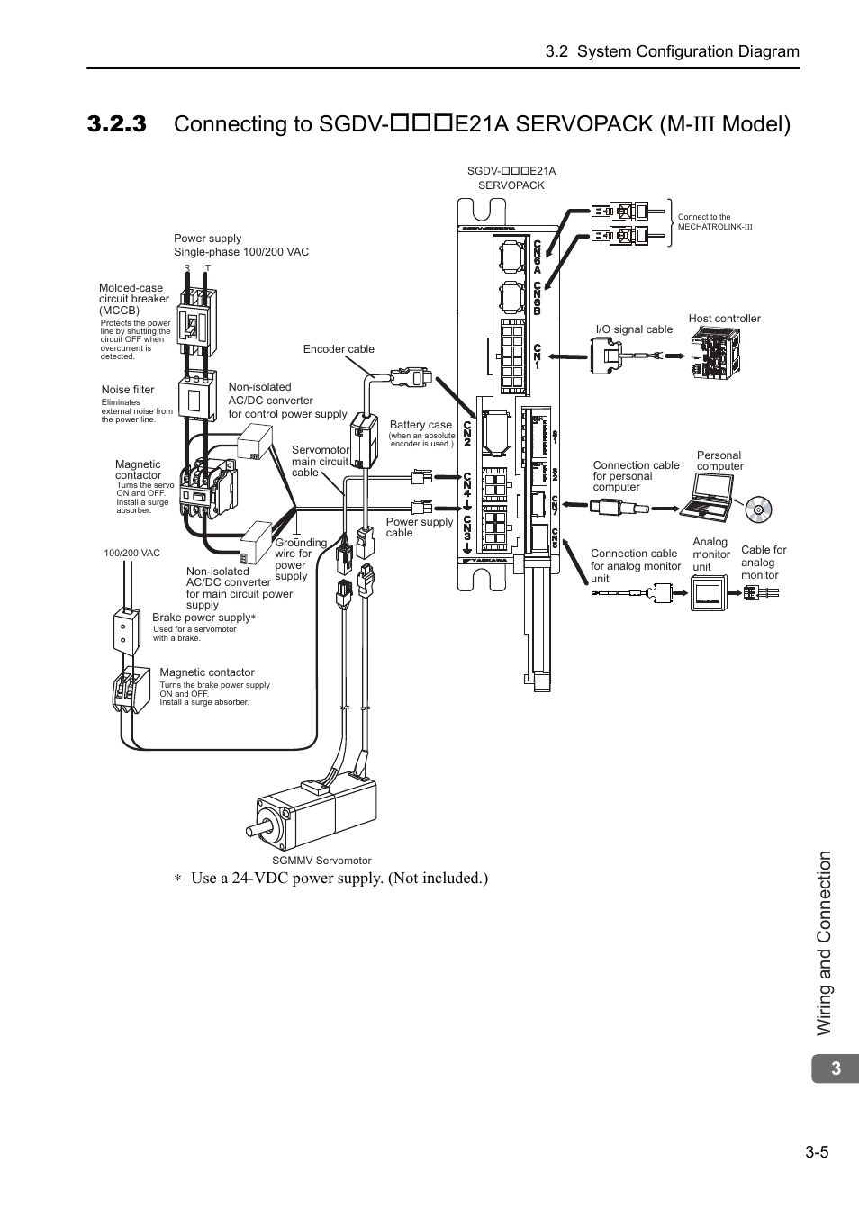 3 connecting to sgdv, E21a servopack (m- iii model), 3wiring and connection | 2 system configuration diagram 3-5, Use a 24-vdc power supply. (not included.) | Yaskawa AC Servo Drives DC Power Input Sigma-5 Series User Manual | Page 34 / 55