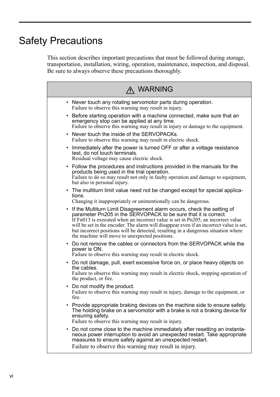 Safety precautions, Warning | Yaskawa AC Servo Drives DC Power Input Sigma-5 Series User Manual | Page 6 / 55