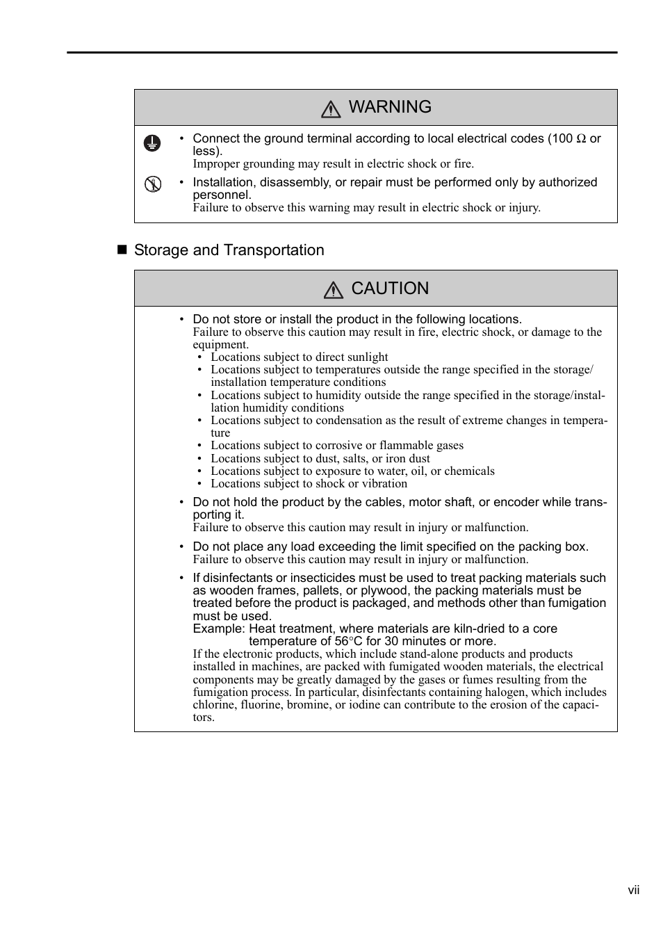 Warning caution, Storage and transportation | Yaskawa AC Servo Drives DC Power Input Sigma-5 Series User Manual | Page 7 / 55