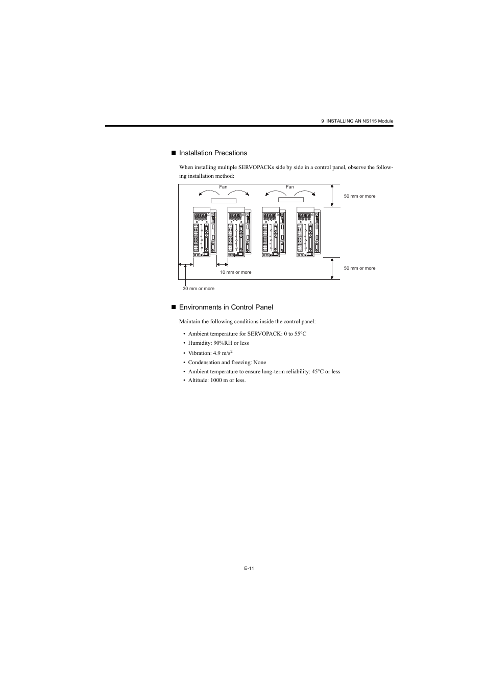 Installation precations, Environments in control panel | Yaskawa AC Servo Drives Sigma II Series User Manual | Page 13 / 18