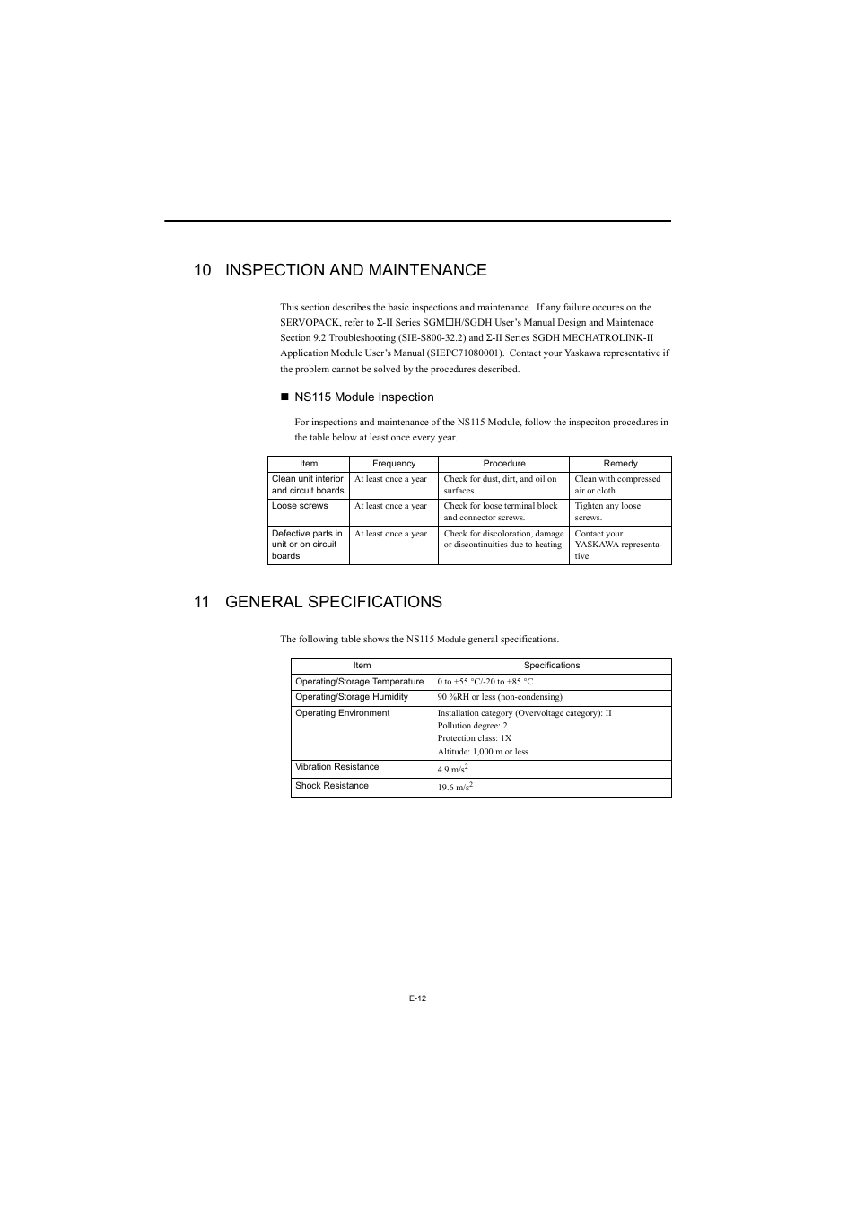 10 inspection and maintenance, 11 general specifications, Ns115 module inspection | Yaskawa AC Servo Drives Sigma II Series User Manual | Page 14 / 18