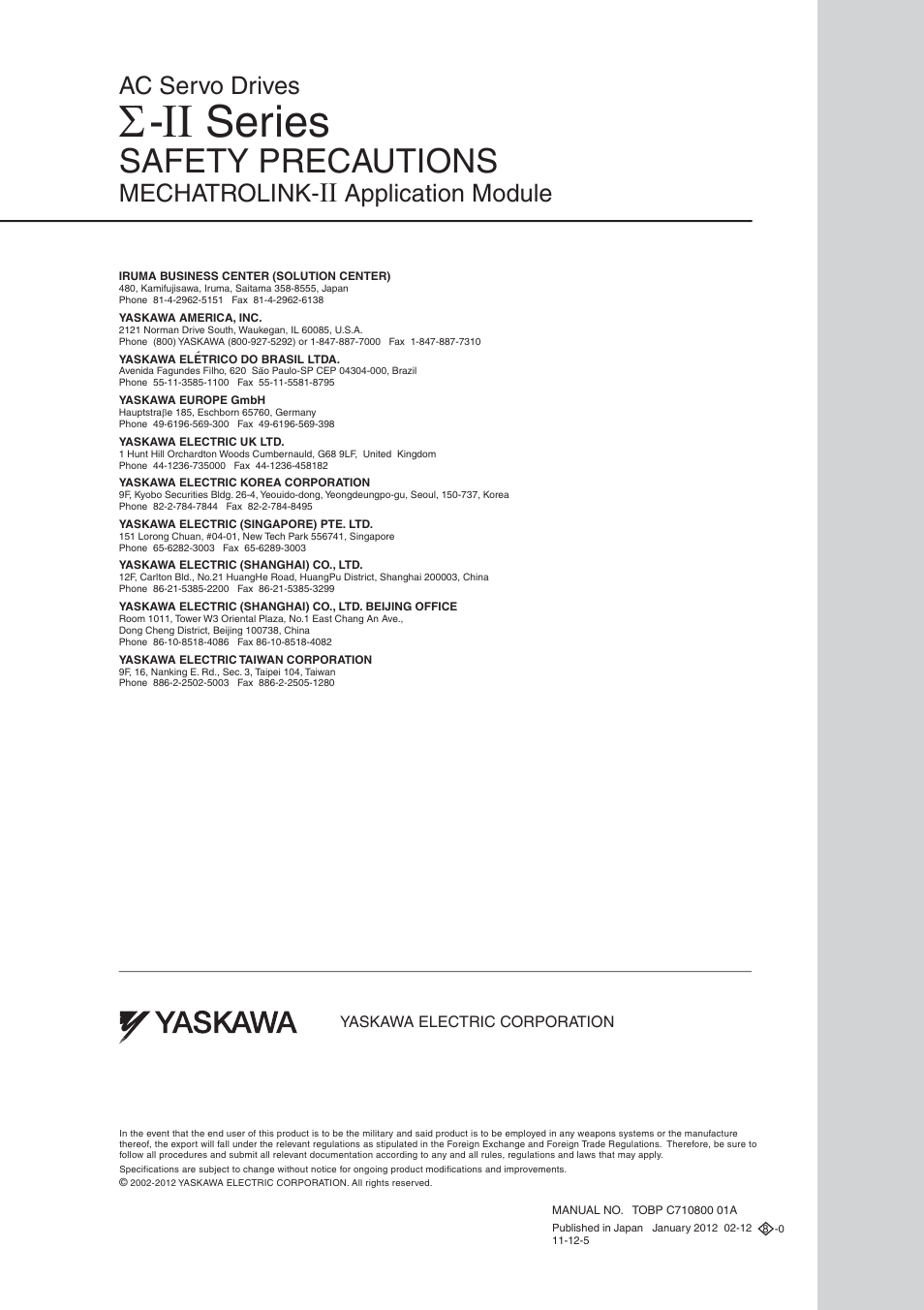 Back cover, Series, Safety precautions | Mechatrolink, Application module, Ac servo drives | Yaskawa AC Servo Drives Sigma II Series User Manual | Page 18 / 18