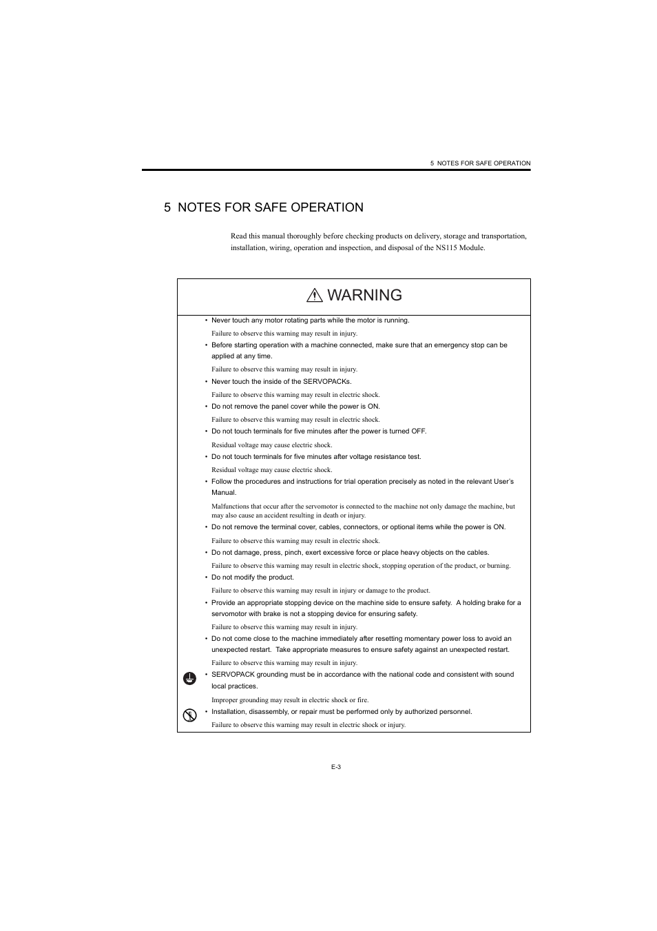 5 notes for safe operation, Warning | Yaskawa AC Servo Drives Sigma II Series User Manual | Page 5 / 18