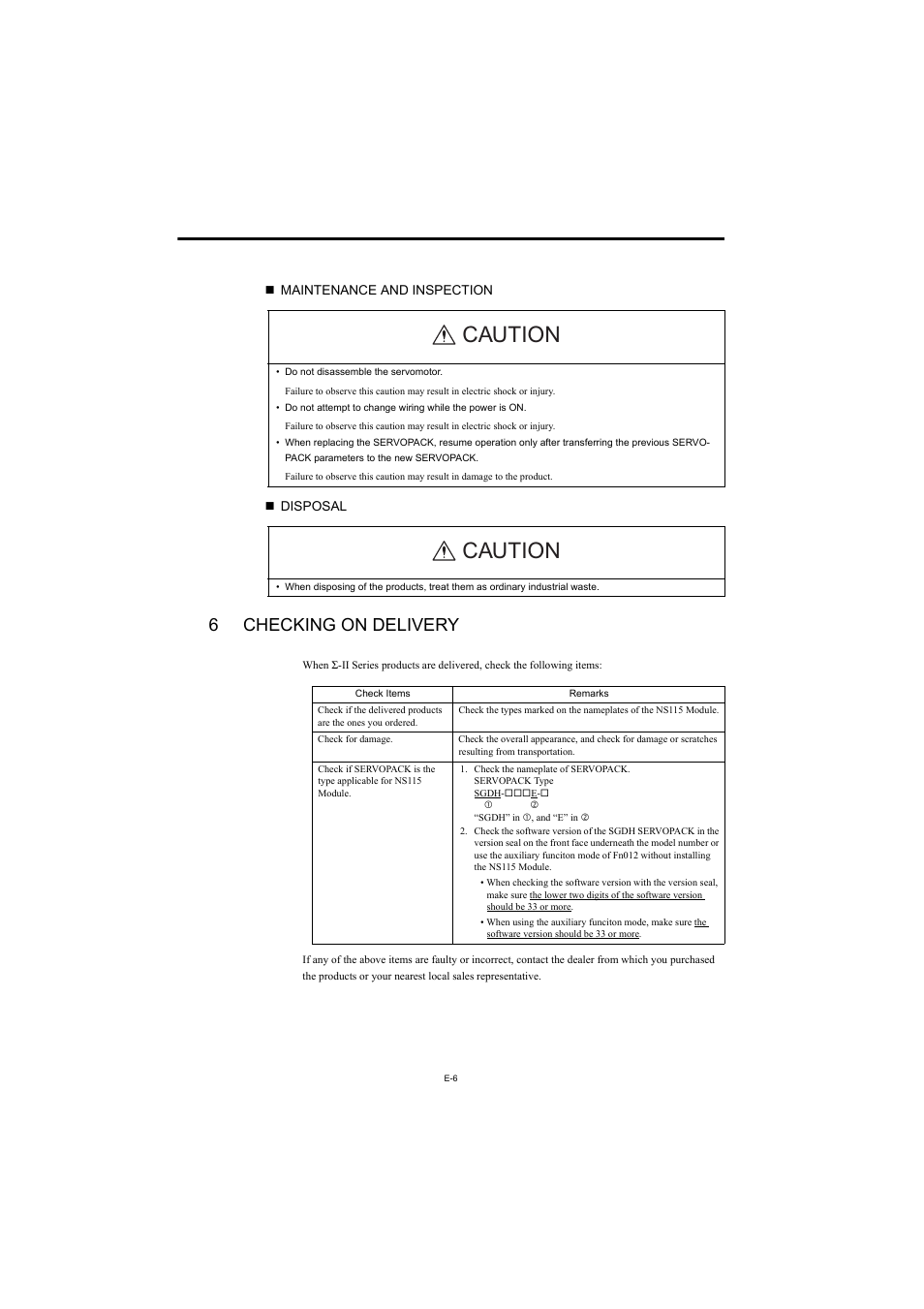 6 checking on delivery, Caution, 6checking on delivery | Yaskawa AC Servo Drives Sigma II Series User Manual | Page 8 / 18