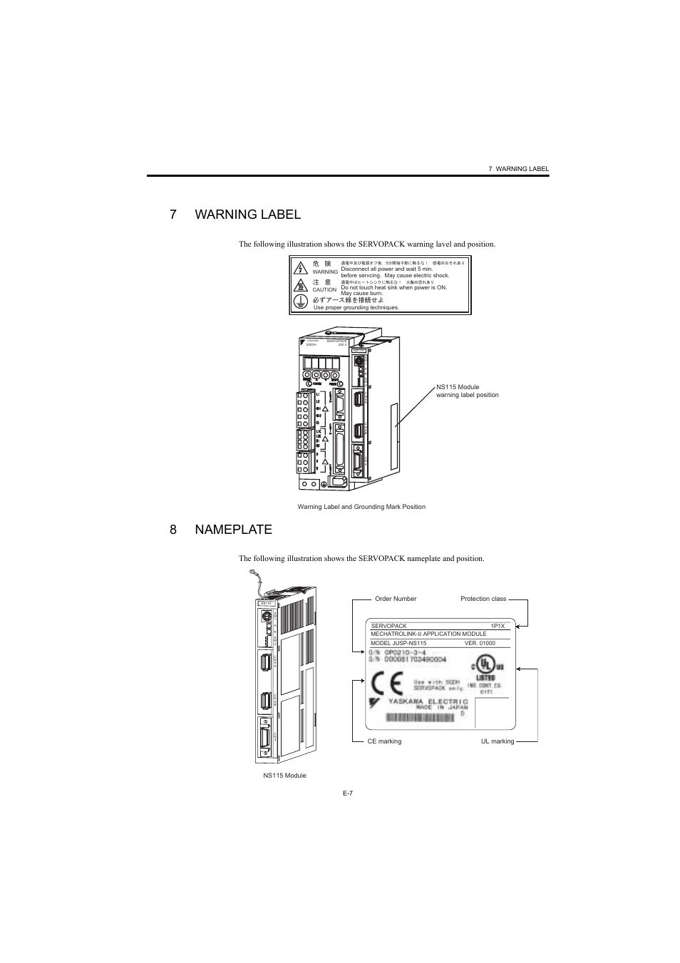 7 warning label, 8 nameplate, 7warning label | 8nameplate | Yaskawa AC Servo Drives Sigma II Series User Manual | Page 9 / 18