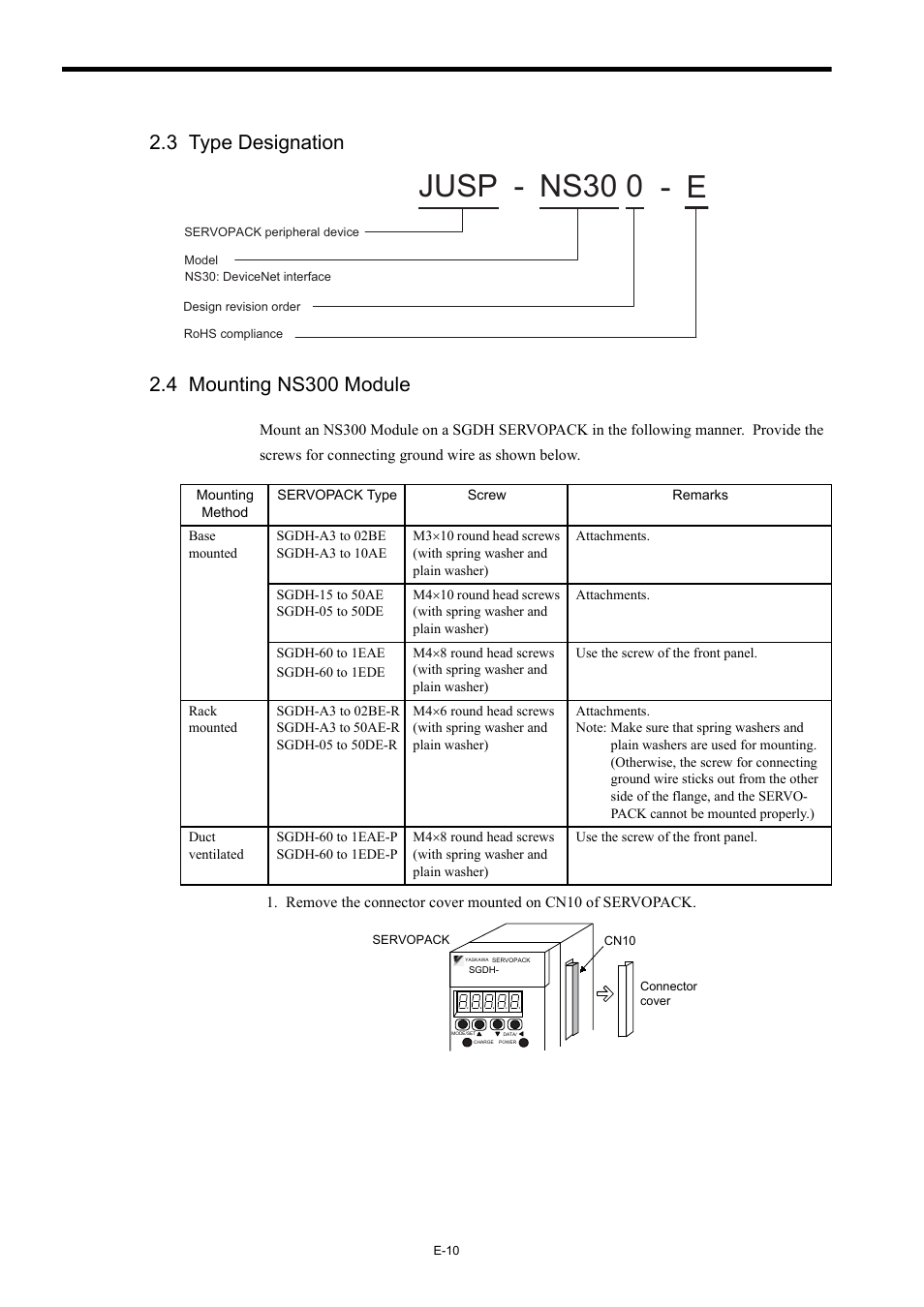 3 type designation, 4 mounting ns300 module, Jusp - ns30 0 | Yaskawa AC Servo Drives Sigma II Series DeviceNet User Manual | Page 13 / 35