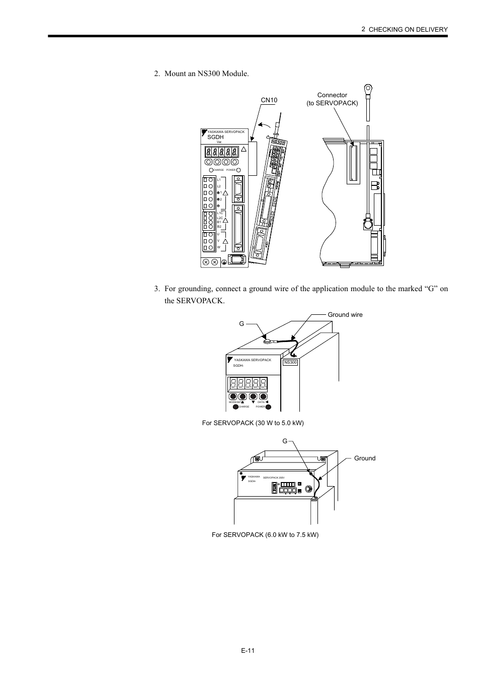 2 checking on delivery e-11, Cn10 connector (to servopack), Gground wire for servopack (30 w to 5.0 kw) | Gground for servopack (6.0 kw to 7.5 kw) | Yaskawa AC Servo Drives Sigma II Series DeviceNet User Manual | Page 14 / 35