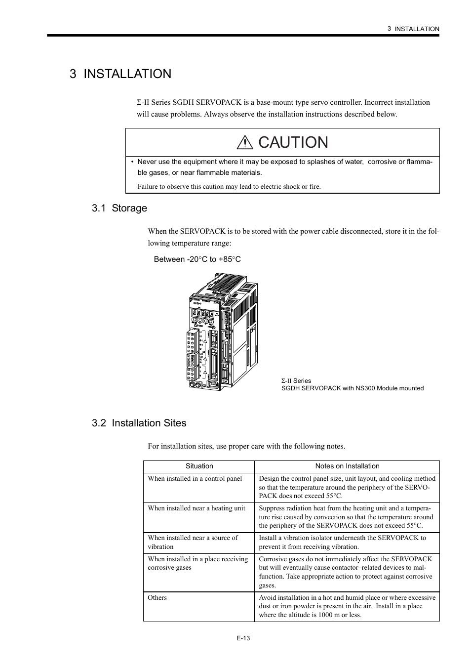 3 installation, 1 storage, 2 installation sites | Caution | Yaskawa AC Servo Drives Sigma II Series DeviceNet User Manual | Page 16 / 35