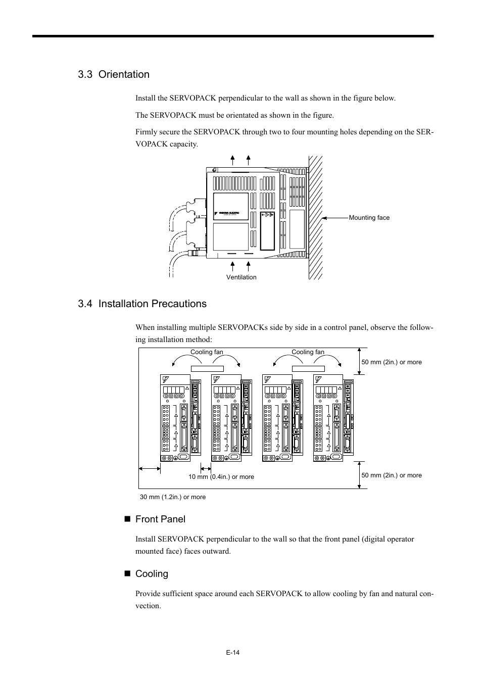 3 orientation, 4 installation precautions, Front panel | Cooling | Yaskawa AC Servo Drives Sigma II Series DeviceNet User Manual | Page 17 / 35