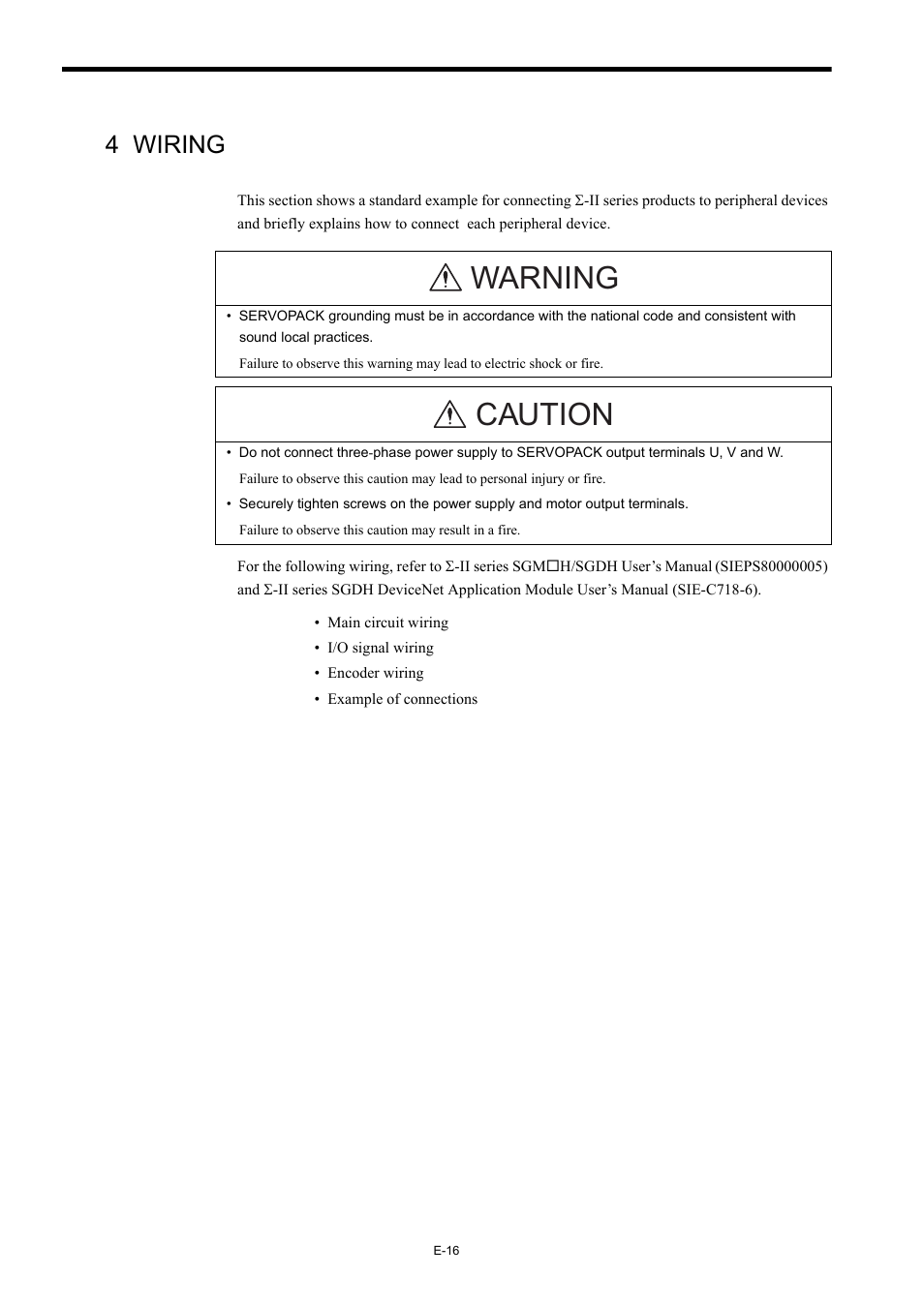 4 wiring, Warning caution | Yaskawa AC Servo Drives Sigma II Series DeviceNet User Manual | Page 19 / 35