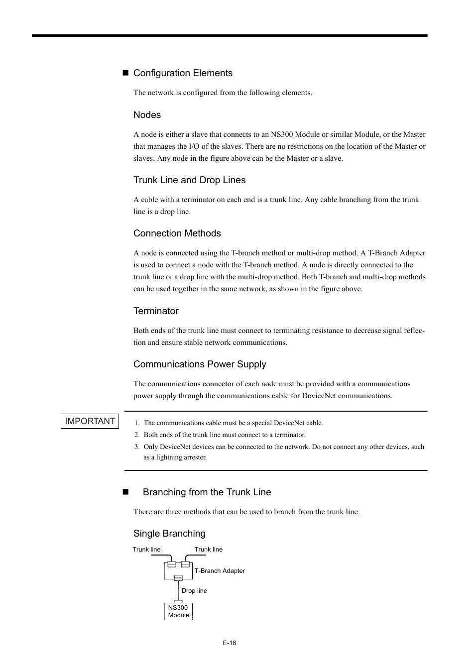 Configuration elements, Nodes, Trunk line and drop lines | Connection methods, Terminator, Communications power supply, Branching from the trunk line, Single branching | Yaskawa AC Servo Drives Sigma II Series DeviceNet User Manual | Page 21 / 35