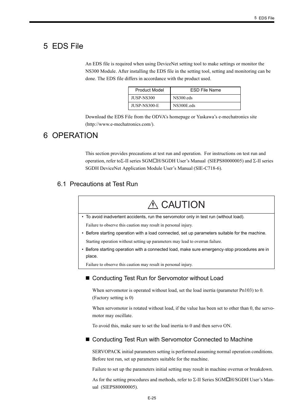 5 eds file, 6 operation, 1 precautions at test run | Caution | Yaskawa AC Servo Drives Sigma II Series DeviceNet User Manual | Page 28 / 35