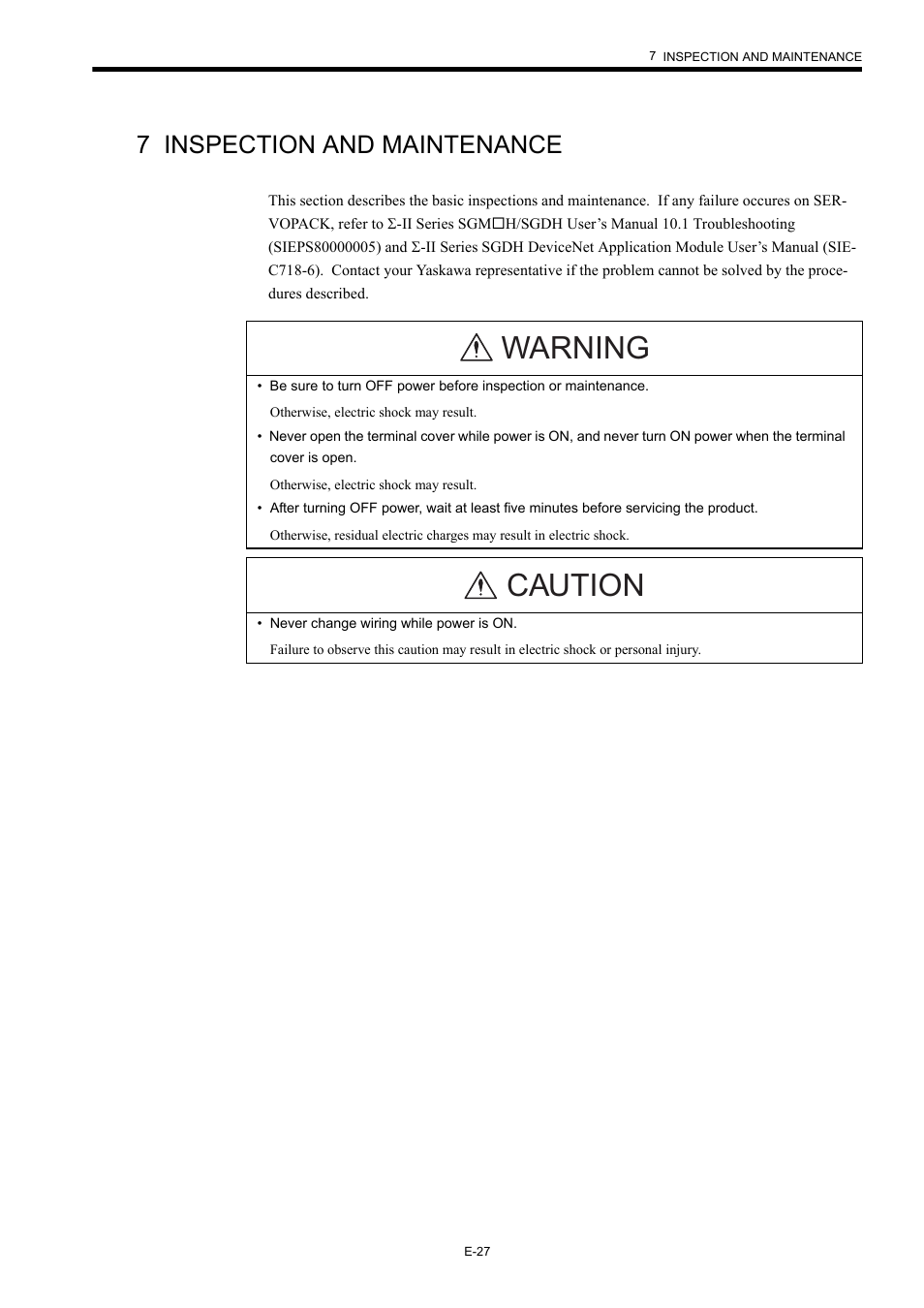 7 inspection and maintenance, Warning caution | Yaskawa AC Servo Drives Sigma II Series DeviceNet User Manual | Page 30 / 35