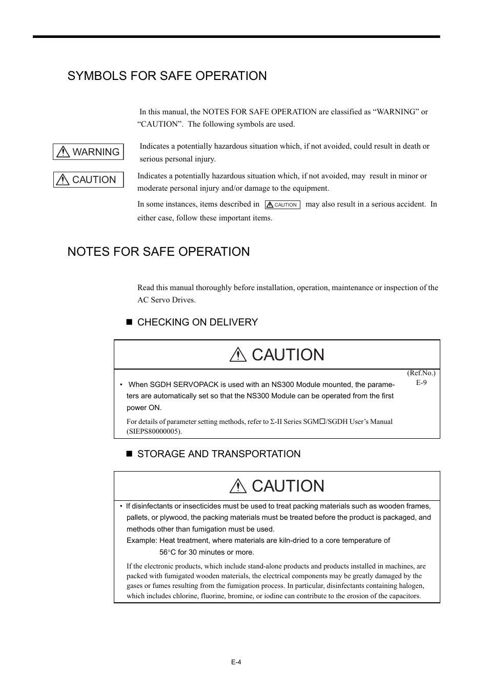 Symbols for safe operation, Notes for safe operation, Caution | Yaskawa AC Servo Drives Sigma II Series DeviceNet User Manual | Page 7 / 35