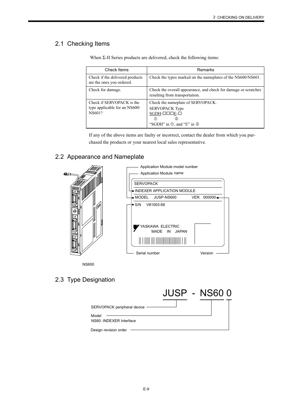 1 checking items, 2 appearance and nameplate, 3 type designation | Jusp - ns60 0, 2 appearance and nameplate 2.3 type designation | Yaskawa AC Servo Drives Sigma II Series INDEXER User Manual | Page 11 / 25