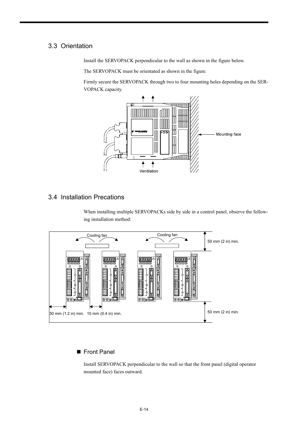 3 orientation, 4 installation precations, Front panel | Yaskawa AC Servo Drives Sigma II Series INDEXER User Manual | Page 16 / 25
