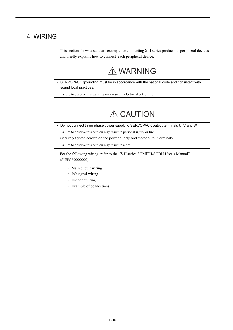 4 wiring, Warning, Caution | Yaskawa AC Servo Drives Sigma II Series INDEXER User Manual | Page 18 / 25