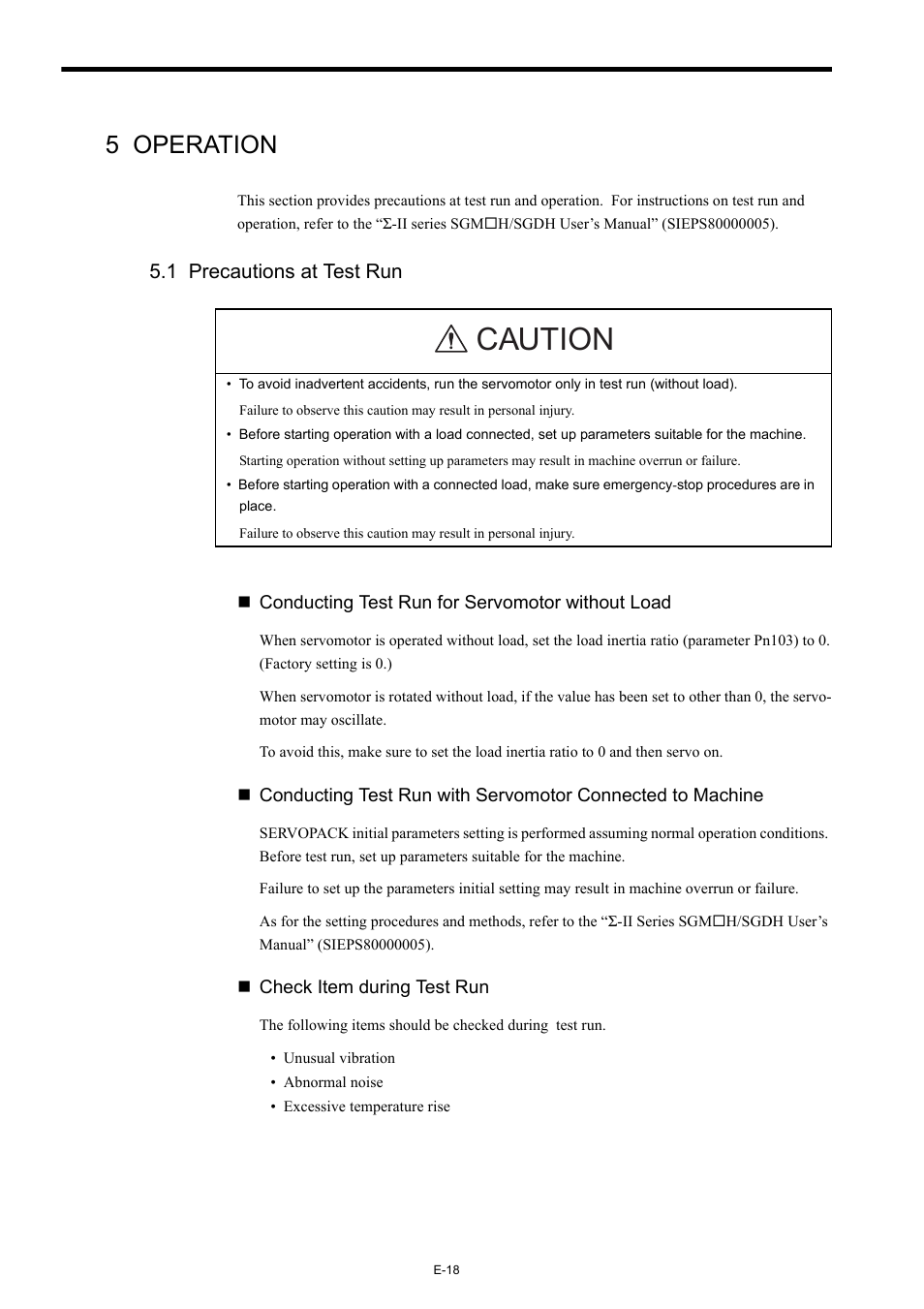 5 operation, 1 precautions at test run, Caution | Yaskawa AC Servo Drives Sigma II Series INDEXER User Manual | Page 20 / 25