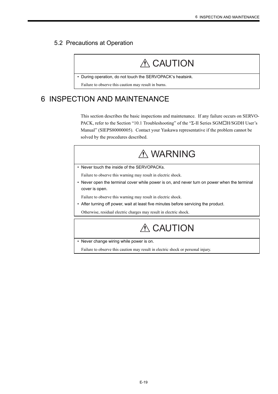 2 precautions at operation, 6 inspection and maintenance, Caution | Warning caution | Yaskawa AC Servo Drives Sigma II Series INDEXER User Manual | Page 21 / 25