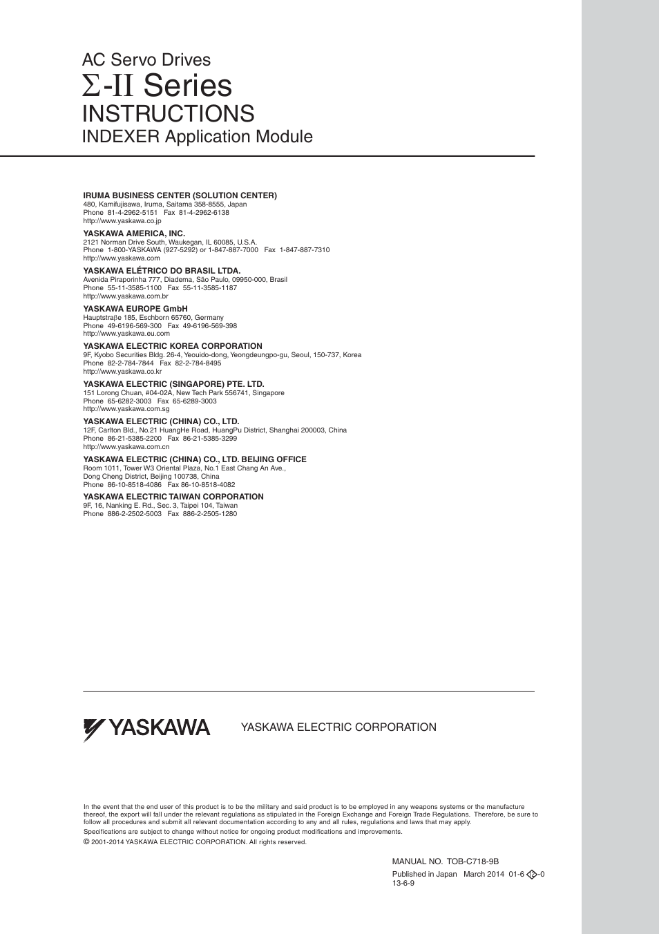 Back cover, Series, Instructions | Indexer application module, Ac servo drives | Yaskawa AC Servo Drives Sigma II Series INDEXER User Manual | Page 25 / 25
