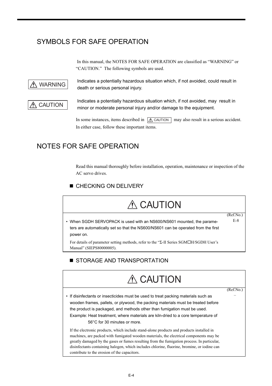 Symbols for safe operation, Notes for safe operation, Caution | Yaskawa AC Servo Drives Sigma II Series INDEXER User Manual | Page 6 / 25