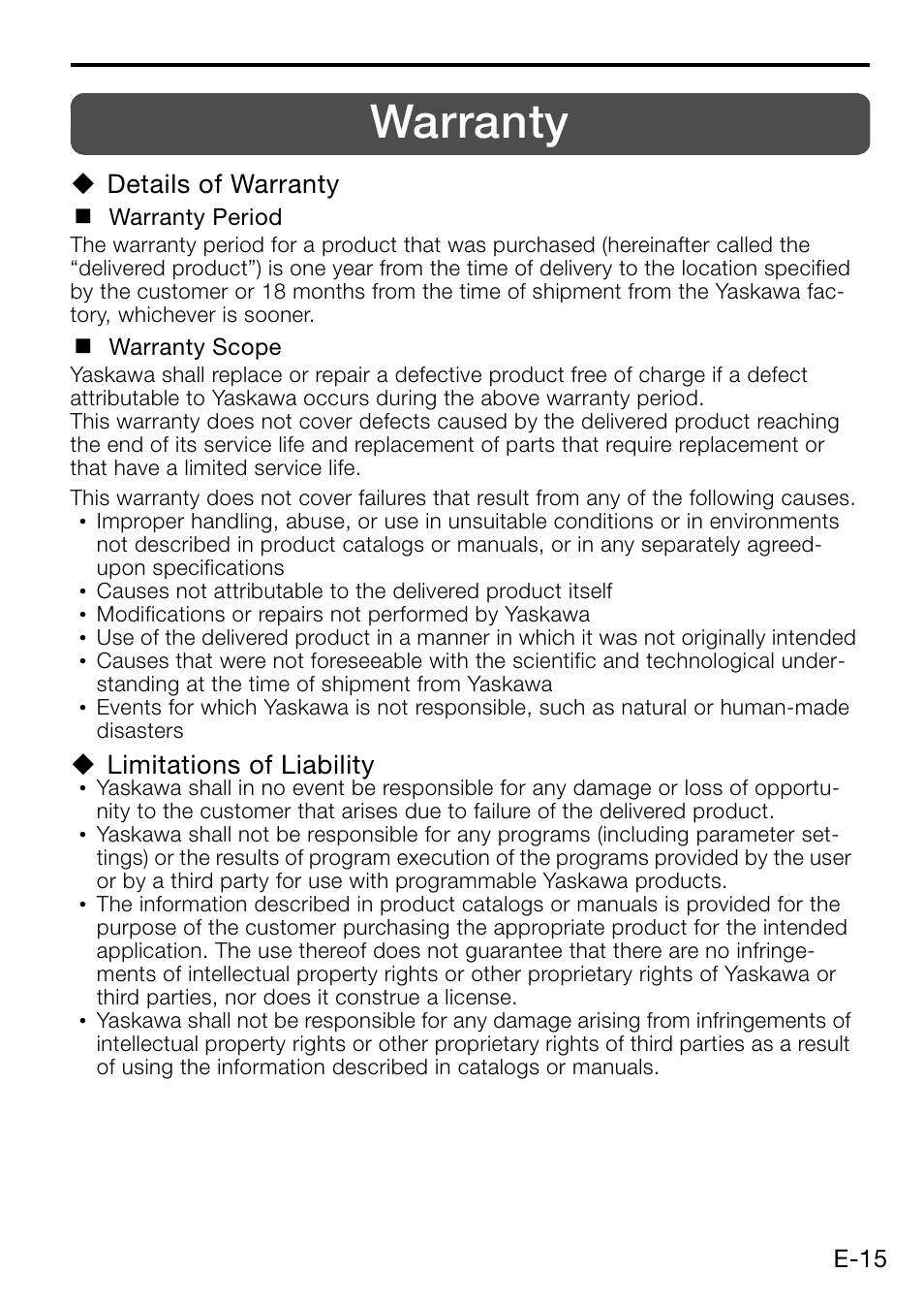 Warranty | Yaskawa AC Servo Drive Rotary Servomotor Safety Precautions User Manual | Page 17 / 34