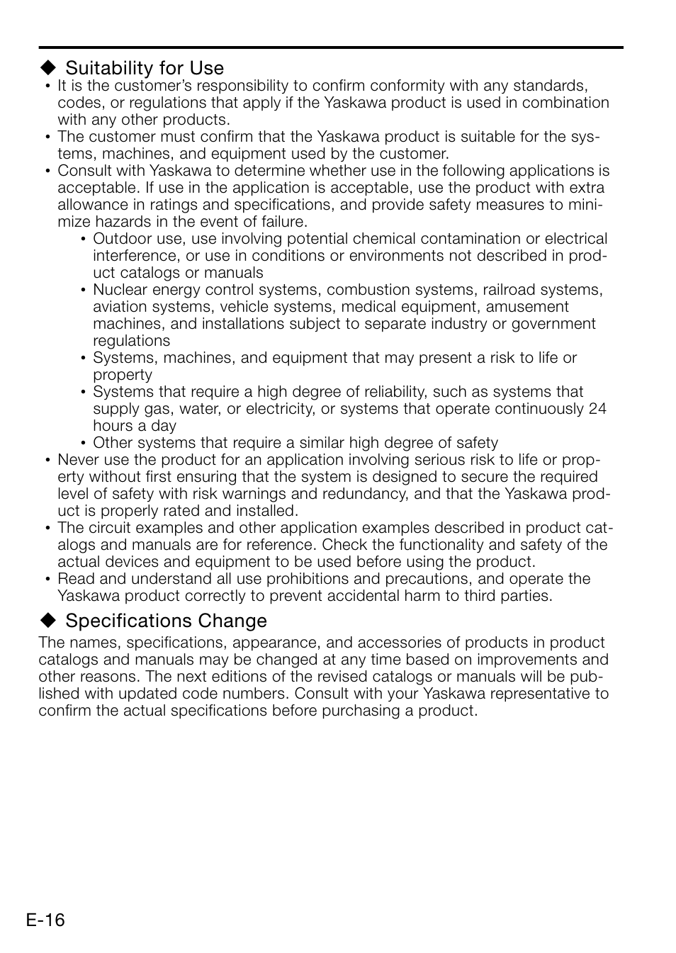 Suitability for use, Specifications change | Yaskawa AC Servo Drive Rotary Servomotor Safety Precautions User Manual | Page 18 / 34