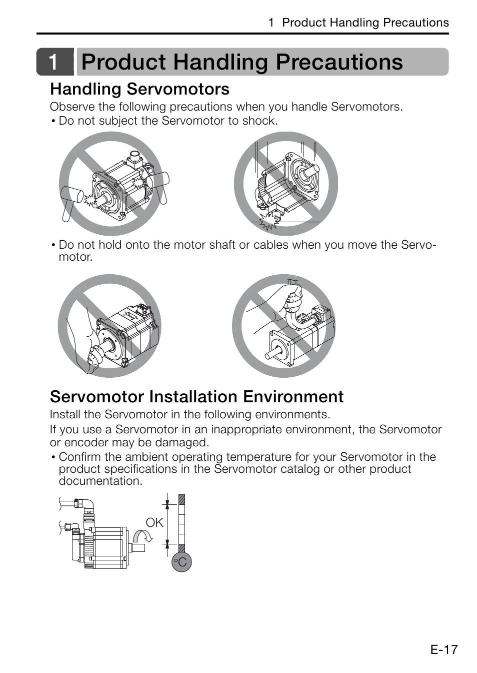 1 product handling precautions, Handling servomotors, Servomotor installation environment | 1product handling precautions | Yaskawa AC Servo Drive Rotary Servomotor Safety Precautions User Manual | Page 19 / 34