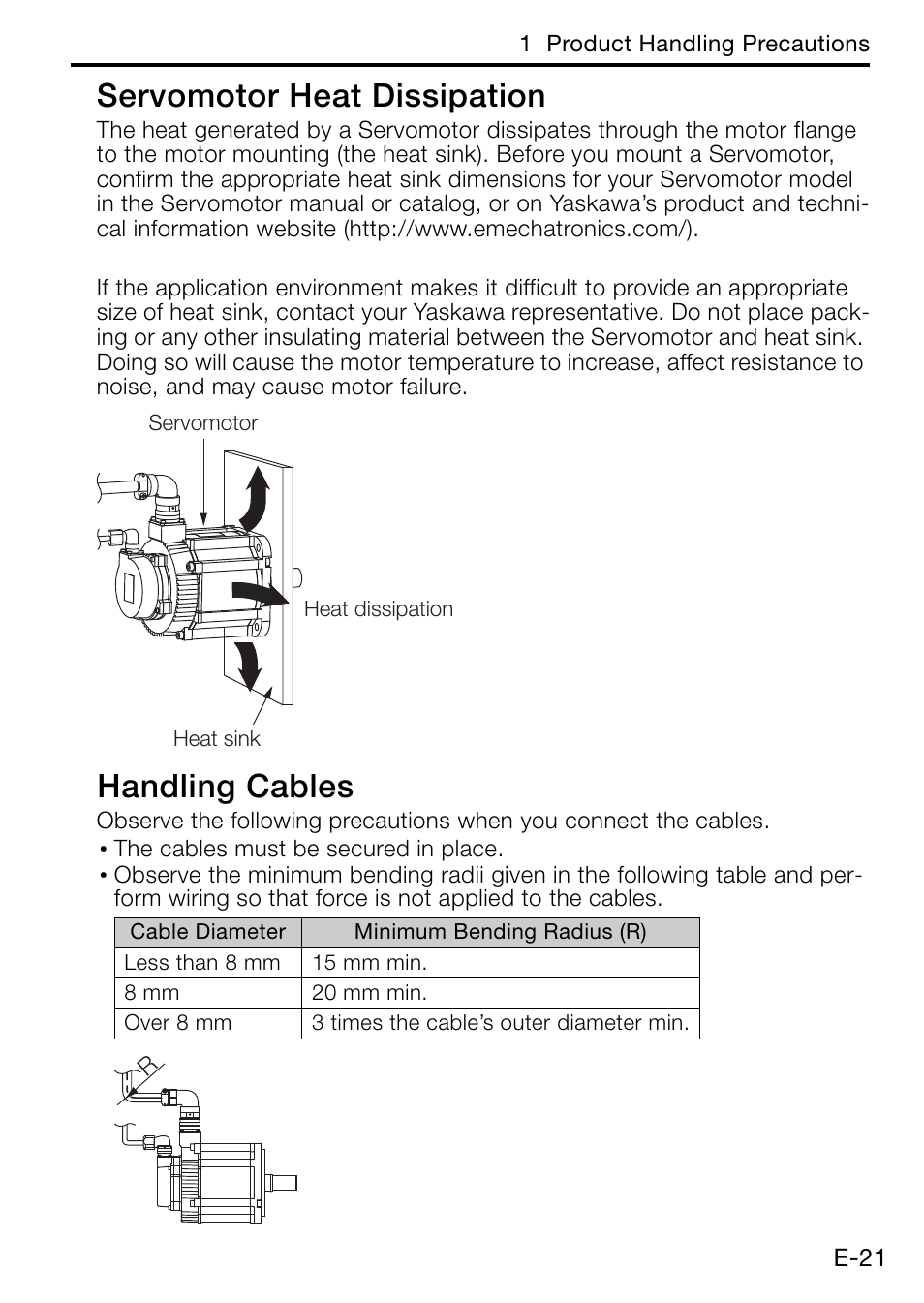 Servomotor heat dissipation, Handling cables | Yaskawa AC Servo Drive Rotary Servomotor Safety Precautions User Manual | Page 23 / 34