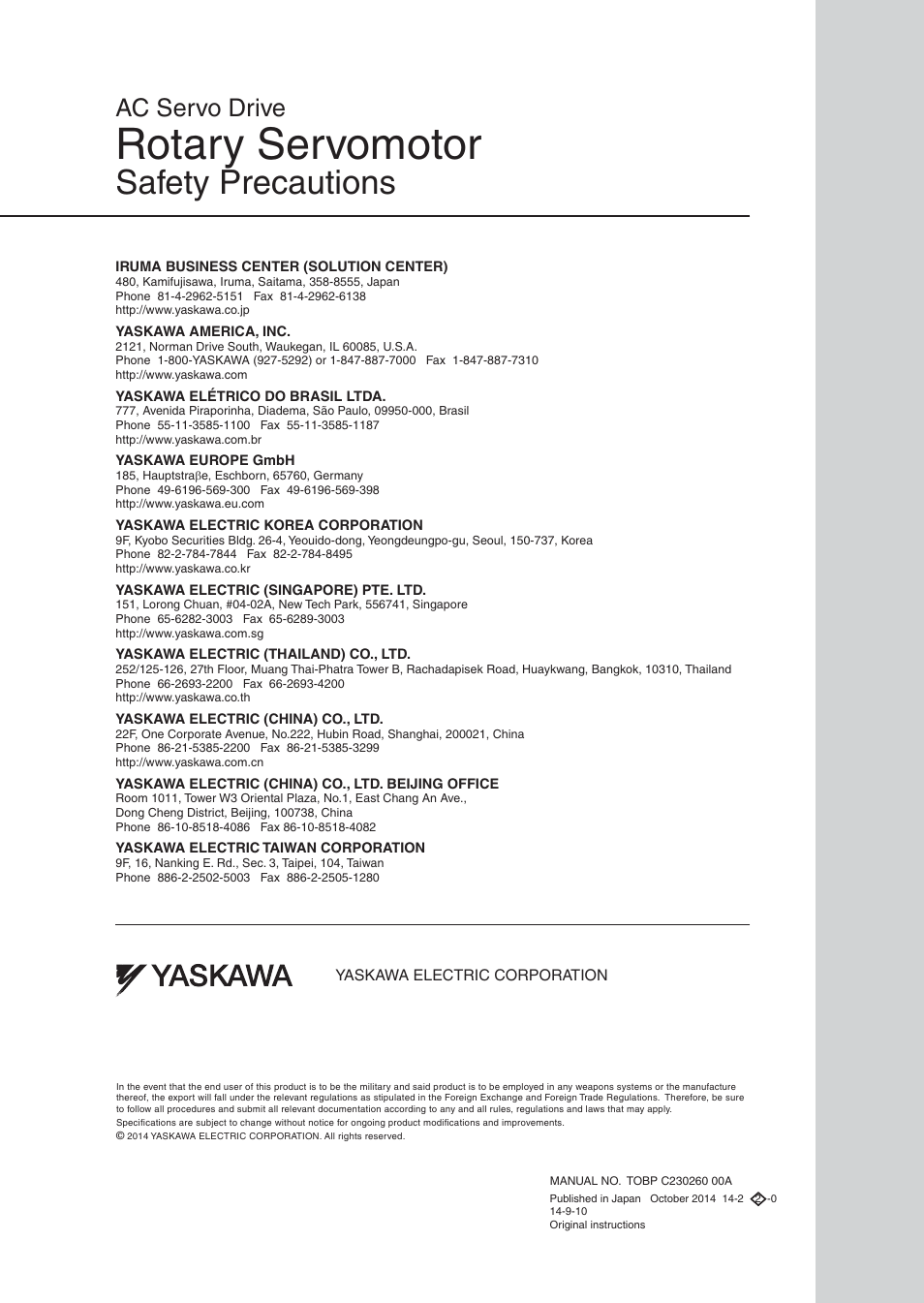 Back cover, Rotary servomotor, Safety precautions | Ac servo drive | Yaskawa AC Servo Drive Rotary Servomotor Safety Precautions User Manual | Page 34 / 34