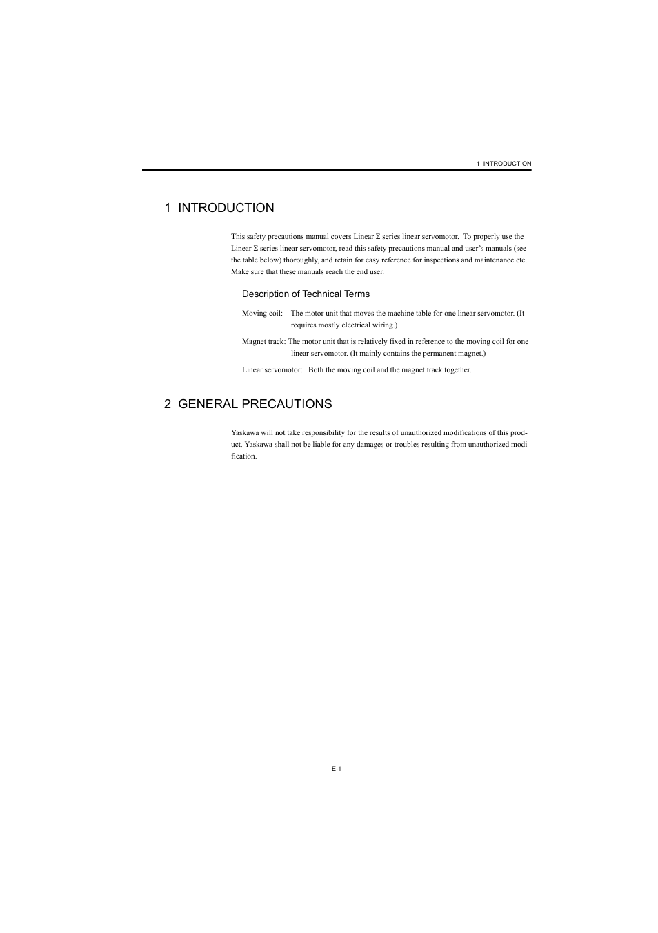 1 introduction, 2 general precautions | Yaskawa AC Servomotor Linear (Sigma) Series User Manual | Page 3 / 13