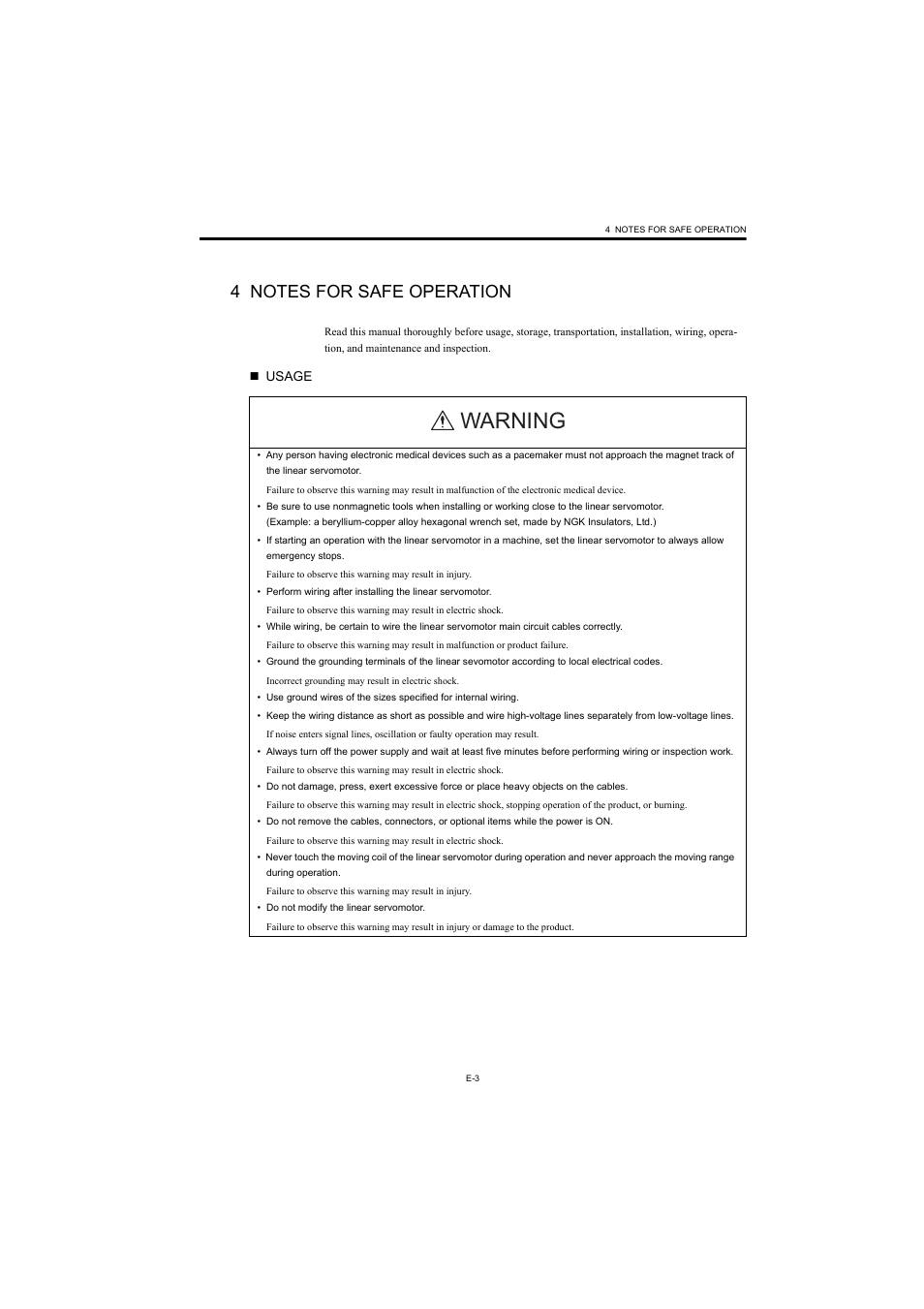4 notes for safe operation, Warning | Yaskawa AC Servomotor Linear (Sigma) Series User Manual | Page 5 / 13