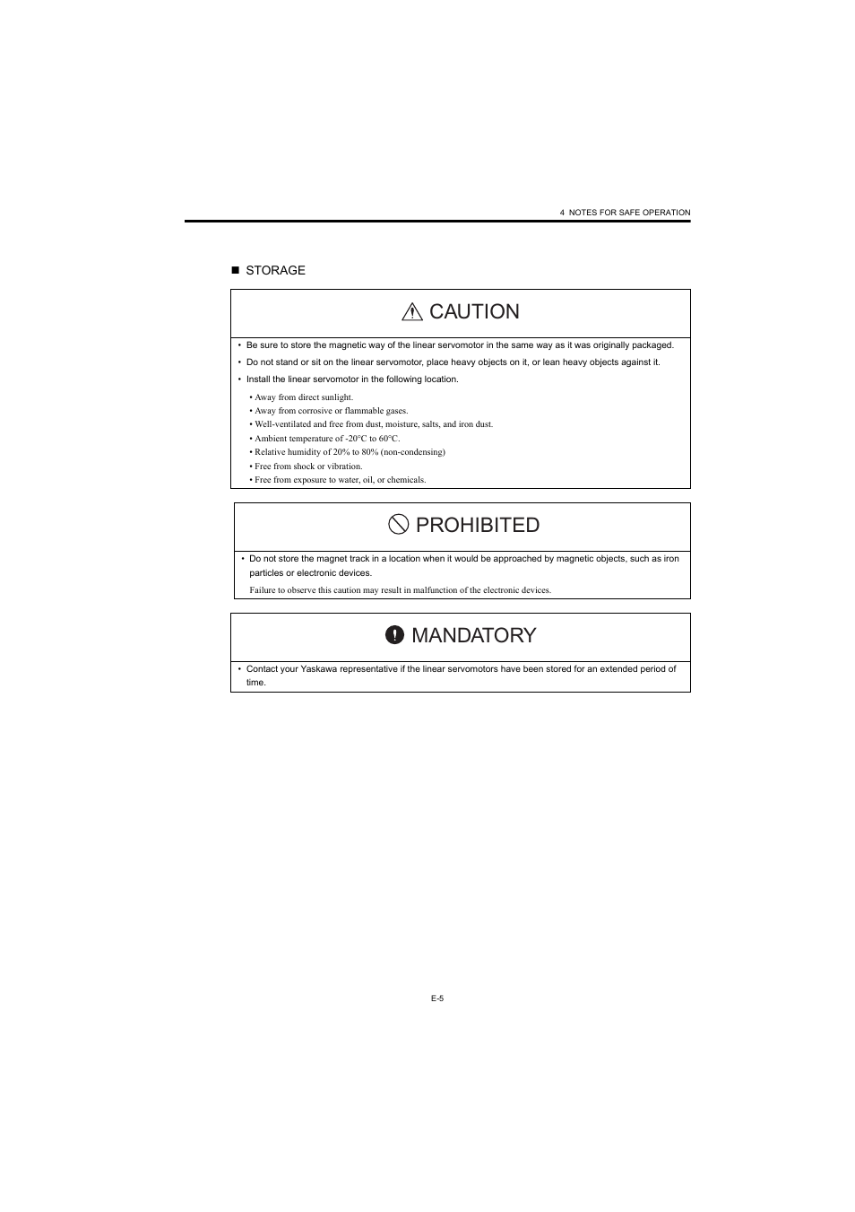 Caution, Prohibited, Mandatory | Yaskawa AC Servomotor Linear (Sigma) Series User Manual | Page 7 / 13
