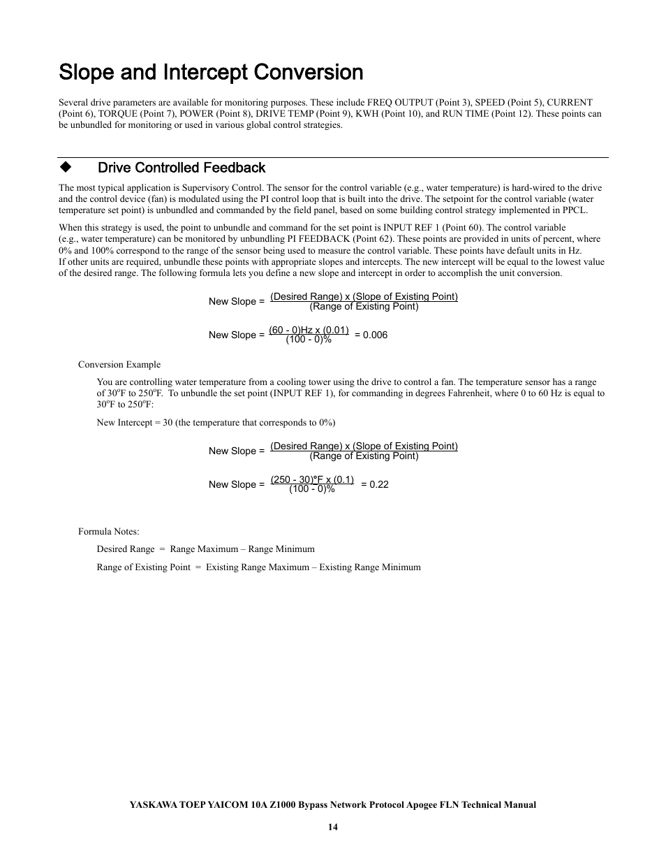 Slope and intercept conversion, Drive controlled feedback | Yaskawa APOGEE FLN User Manual | Page 14 / 31